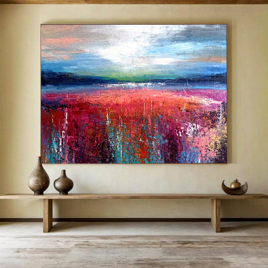 “Colorful Field Abstract - Pinks, Reds, and Blues Under a Dynamic Sky” Painting On Canvas DKH010
