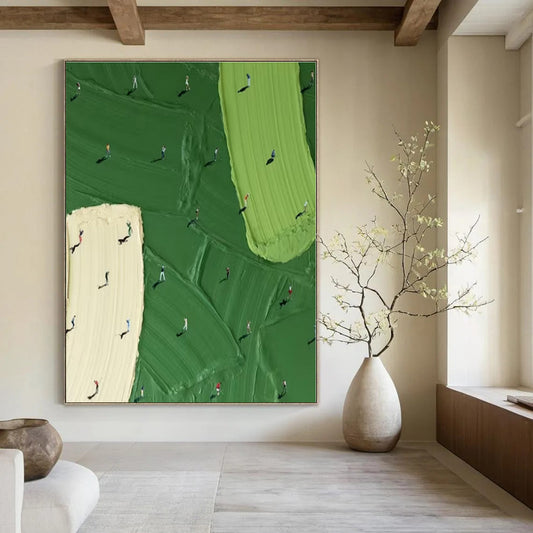 Miniature Figures on Textured Fields - Conceptual Impasto Acrylic On Canvas CT1353