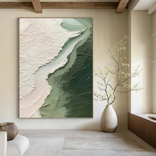 Textured Green and White Abstraction - Impasto Abstract Painting On Canvas DKH1382