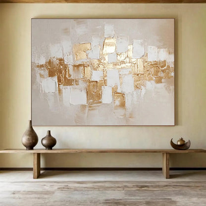“Gold - White Cubic Textures” Abstract Impasto Painting On Canvas DKH524