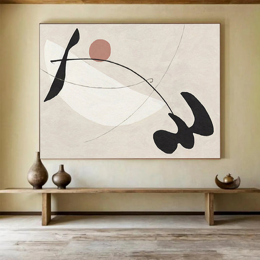 “Curved Shapes in Neutral Tones” - Black, White, Pink Minimalist Abstract Painting On Canvas DKH738