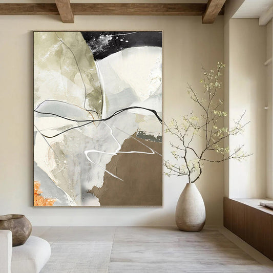 “Neutral & Black Abstract Lines” - Beige, Gray, Black & White Abstract Painting On Canvas DKH1225