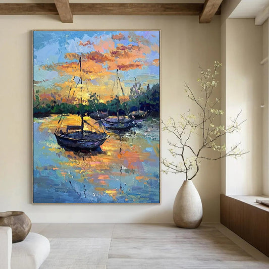 “Harbor at Sunset: Boats in Fiery Skies” - Impressionist Maritime Oil on Canvas CT1882