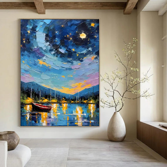 “Starry Night Harbor” - Impasto Landscape Oil on Canvas CT1886