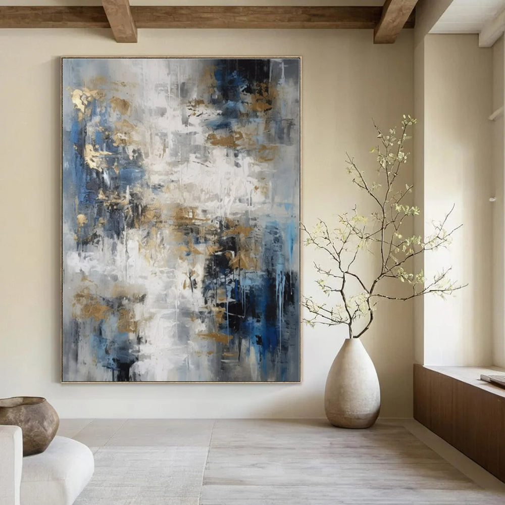 Blue, Grey & Gold Abstract - Abstract Expressionist Acrylic On Canvas CT1303