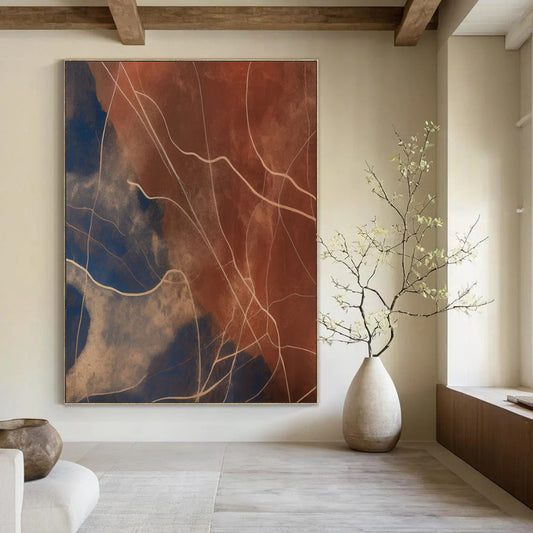 “Blue - Brown Line Abstract” - Minimalist Abstract Painting On Canvas DTP120