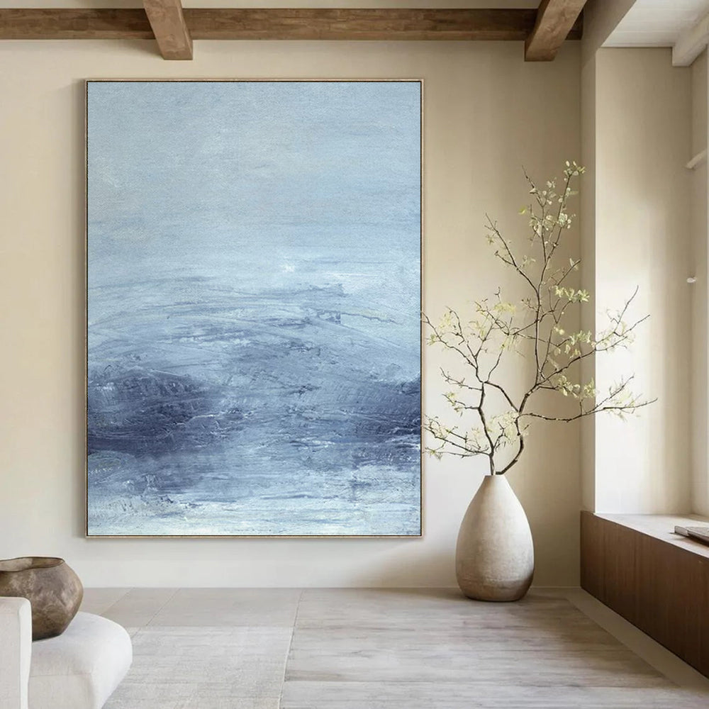 “Soft Blue Gradient Landscape” - Blue & Gray Minimalist Seascape Painting On Canvas DKH0968