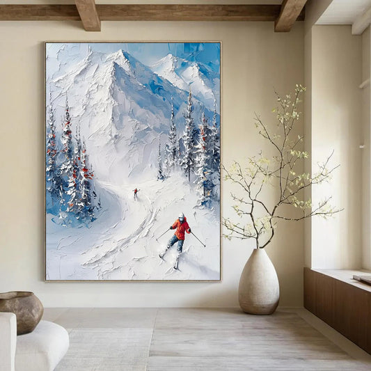 “White, Blue, Green Snowy Mountain ‘Ski Adventure’” - Impasto Landscape Painting On Canvas DTP313
