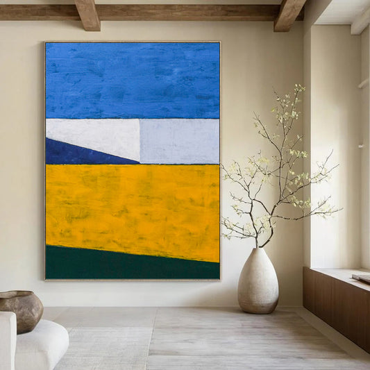 “Blue, Yellow, and Green Color - Blocked Abstract” - Minimalist Geometric Painting On Canvas DKH1096