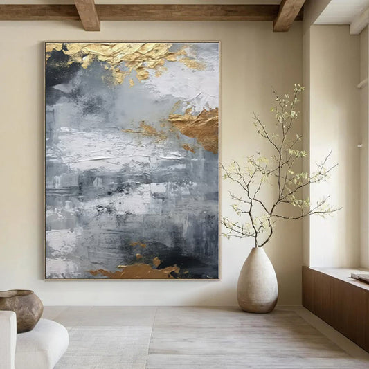 Grey - Gold Textured Abstraction II - Abstract Impasto Oil CT1261