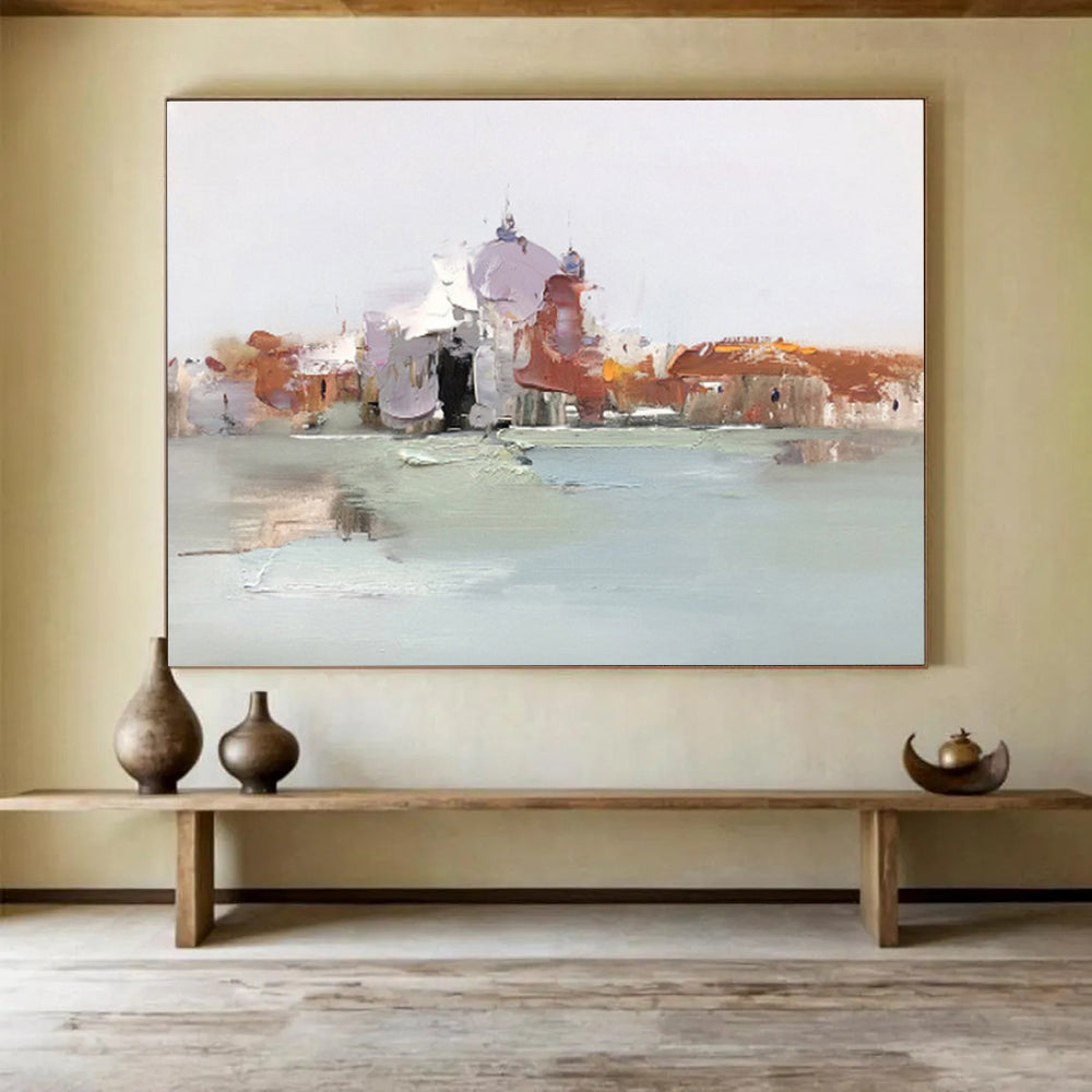 Impressionistic City by Water - Impressionistic Cityscape Painting On Canvas DKH631