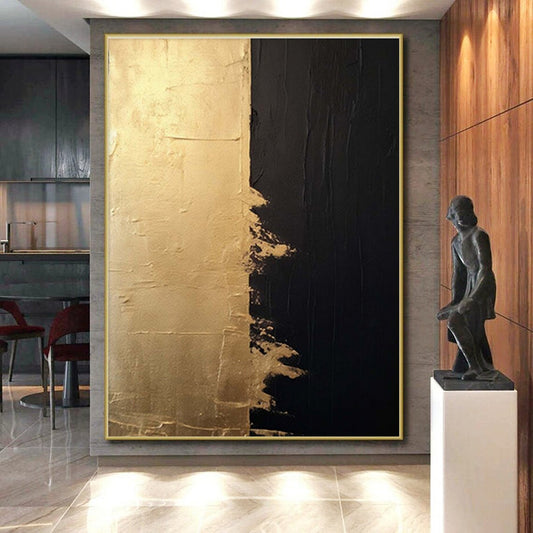“Gold and Black Contrast, Textured Edges” - “Elegant Duality”，Abstract Oil Painting CT0690