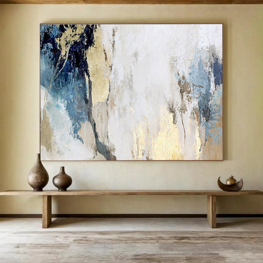 Blue, Gray, and Gold Abstract “Elegant Neutral Fusion” Painting On Canvas DKH128