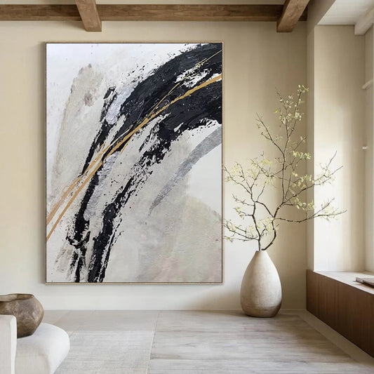 “Black, Gold, and Silver Swirls” - Black, Gold, Silver, White Abstract Painting On Canvas DTP249