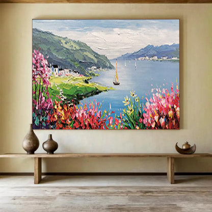 Lakeside Village with Blossoms - Impressionist Landscape Painting On Canvas DLZ209