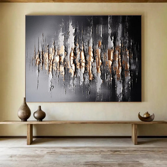 Textured Black and Gold Abstract - Vertical Strokes and Metallic Accents Painting On Canvas DKH041