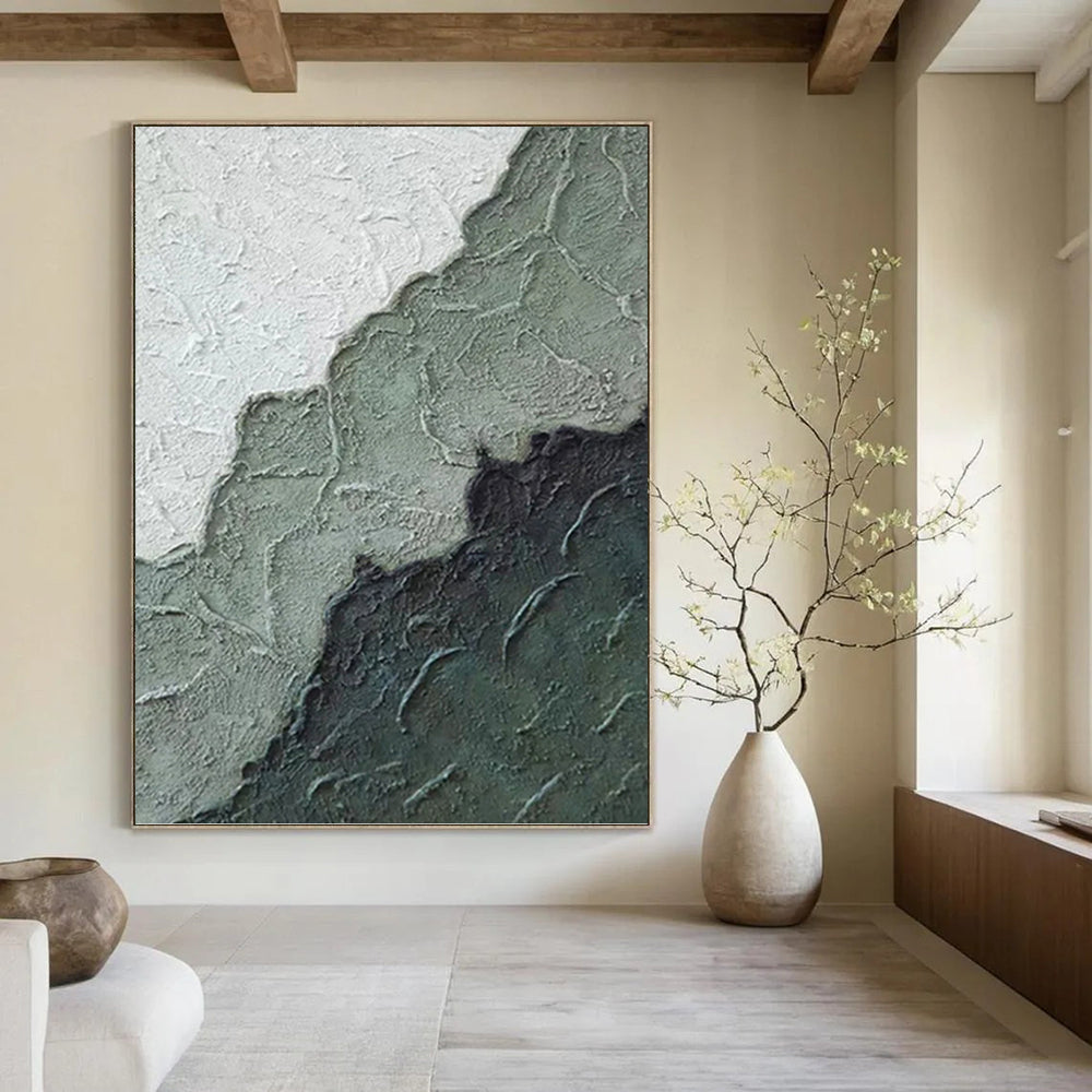 “Textured Green & Gray Mountains” - Green, Gray & Black Textured Abstract Landscape Painting On Canvas DKH1212