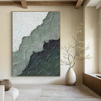 “Textured Green & Gray Mountains” - Green, Gray & Black Textured Abstract Landscape Painting On Canvas DKH1212