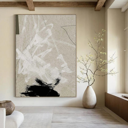“Neutral Abstract Marks” - Beige, White, Black Abstract Painting On Canvas DTP237