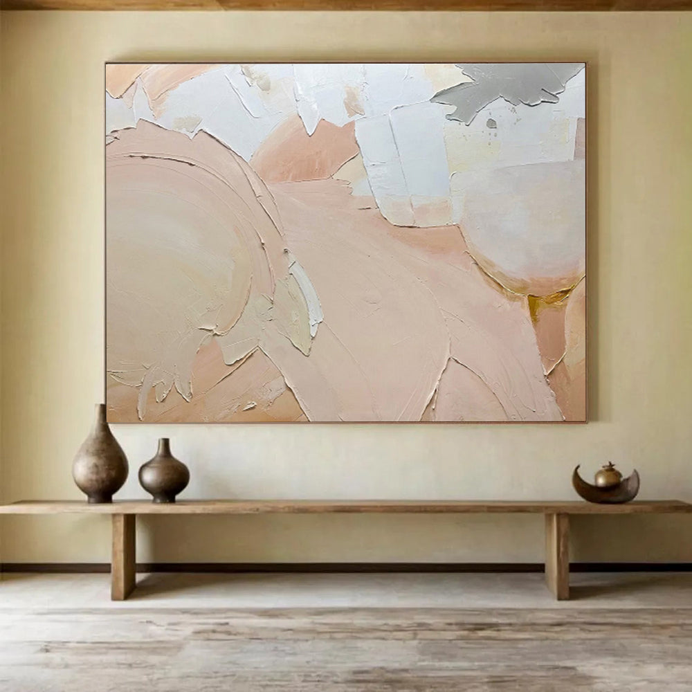 Textured Peach and White Shapes Painting On Canvas DKH186