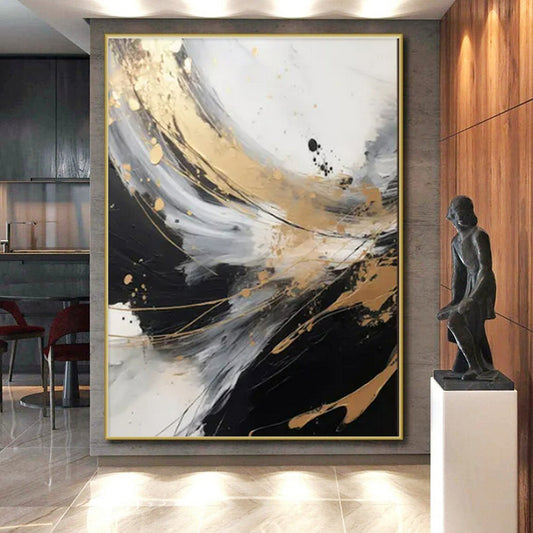 “Black - White - Gold Swirling Textures” ，Abstract Acrylic Painting CT0847