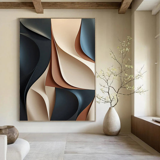“3D - Effect Neutral Abstract” - Black, Beige, Brown & Gray Sculptural Painting On Canvas DKH1023