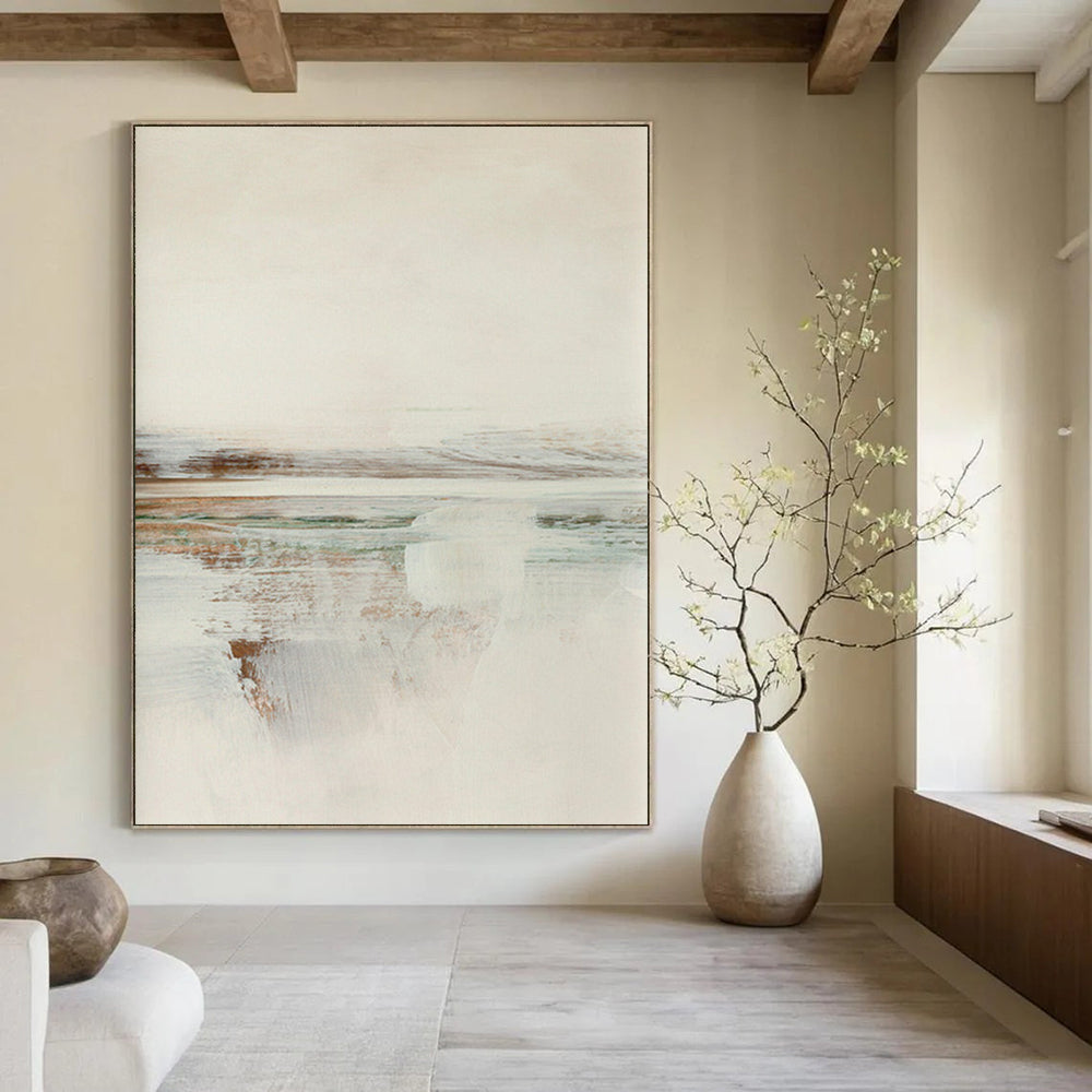 “Soft Tones Coastal View” - Beige, Blue, Green Abstract Landscape Painting On Canvas DTP225