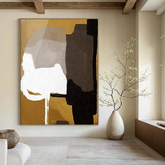 “Geometric Color Blocks” - Gold, Gray, White, Black Abstract Painting On Canvas DTP236
