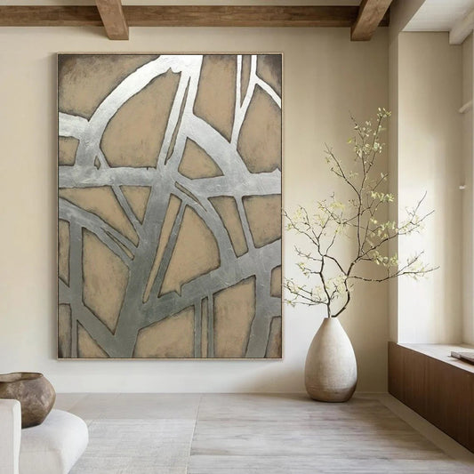 “Silver & Beige Geometric Web” - Abstract Painting On Canvas CT2328