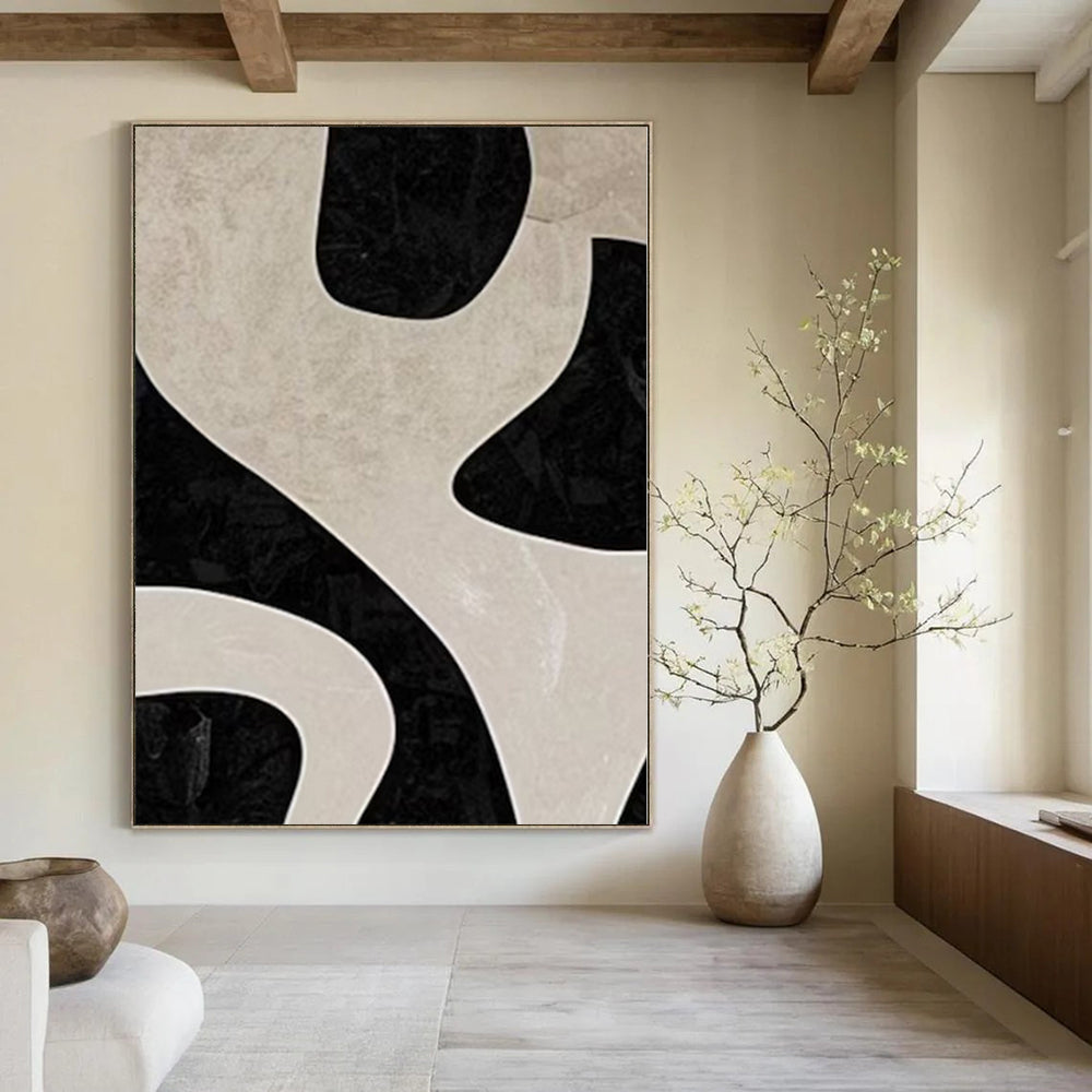 “Black - Beige Geometric Puzzle (Close - up)” – Abstract Geometric Painting CT1100