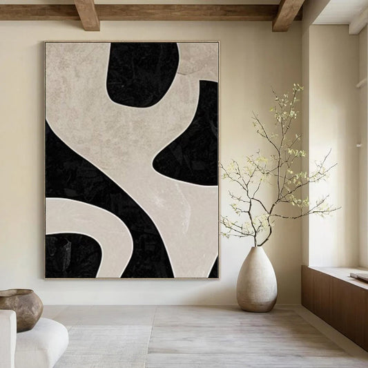 “Black - Beige Geometric Puzzle (Close - up)” – Abstract Geometric Painting CT1100