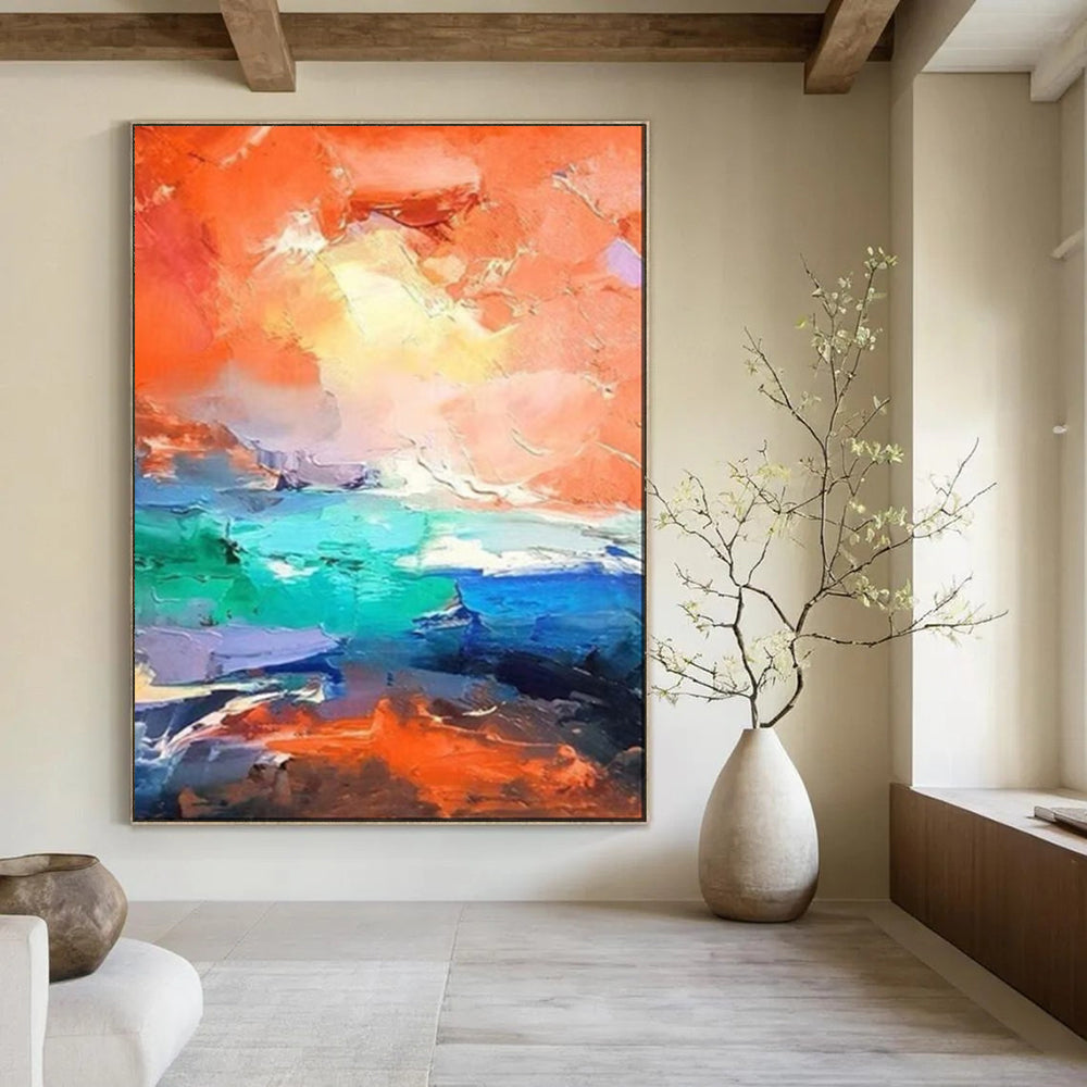 “Vibrant Orange & Turquoise Abstract Seascape” – Abstract Oil Painting On Canvas CT2114