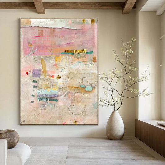 Pink, Gold, Mixed Media - "Elegant Chaos" - Mixed - media Abstract Art CT1853