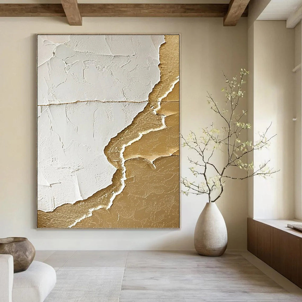 “White & Gold Textured Abstract Tear” Painting On Canvas DKH0986