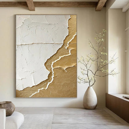 “White & Gold Textured Abstract Tear” Painting On Canvas DKH0986