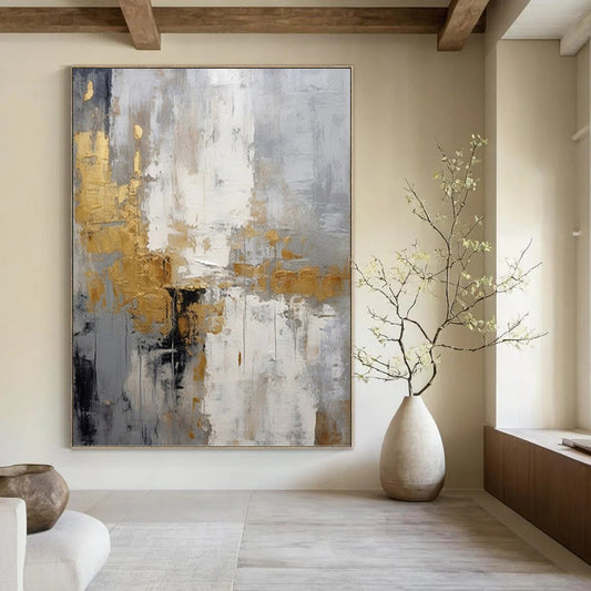 “Gilded Gray Abstraction” - Sophisticated Abstract Painting On Canvas DKH1062