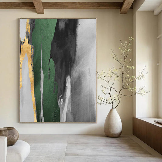 “Gilded Green Streak” - Green, Gold, Gray & White Abstract Brushstrokes Painting On Canvas DKH1522