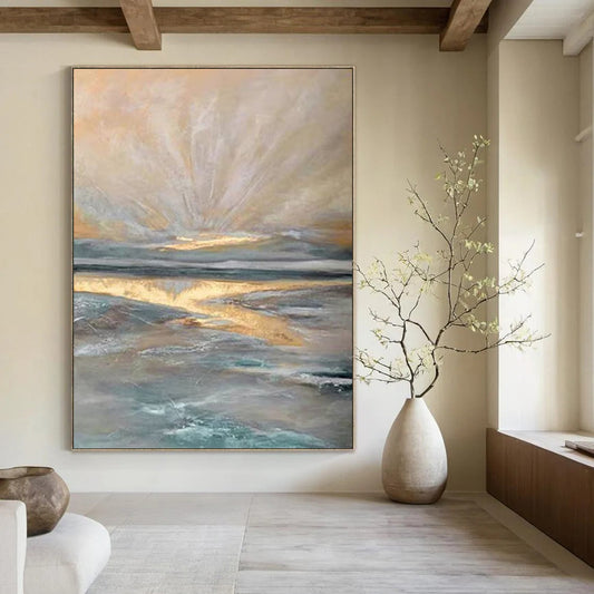 “Golden Horizon - Gold, Blue, Gray Ethereal Seaside” Painting On Canvas DTP264
