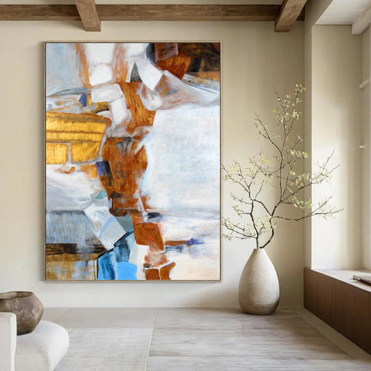 “Geometric Collage in Warm Tones” - Brown, White & Blue Cubist - Style Painting On Canvas DKH0937