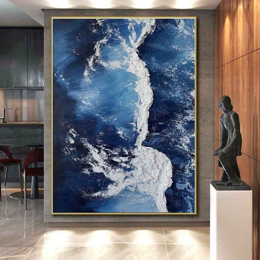 “Dynamic Blue and White Waves”，Abstract Impasto Style CT0669
