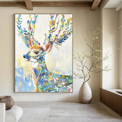 “Colorful Floral Deer” - Colorful Whimsical Animal Painting On Canvas CT2209