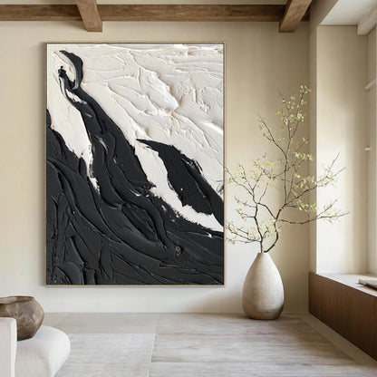 “Black, White Textured Peaks ‘Mountain Serenity’” - Abstract Impasto Painting On Canvas DTP395