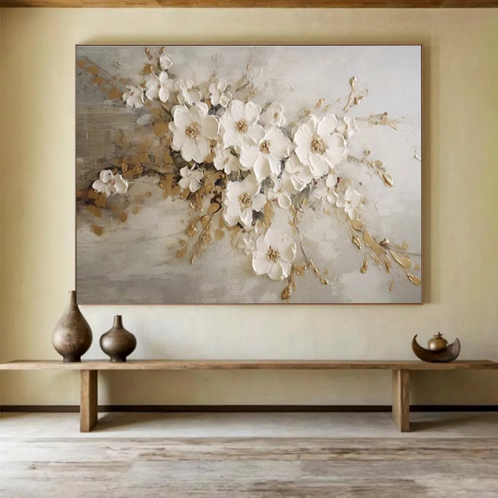 White Flowers with Gold Accents Textured Painting On Canvas DKH250