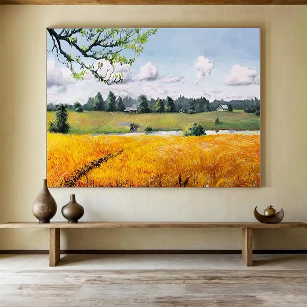 Golden Field and Cottage - Realist Landscape Painting On Canvas DLZ208