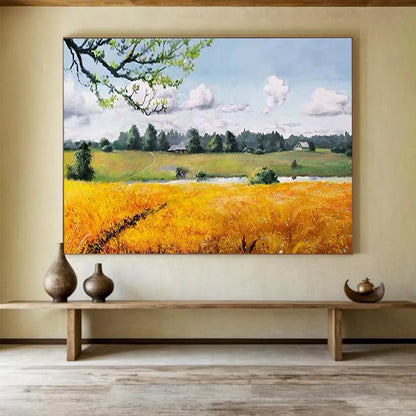 Golden Field and Cottage - Realist Landscape Painting On Canvas DLZ208