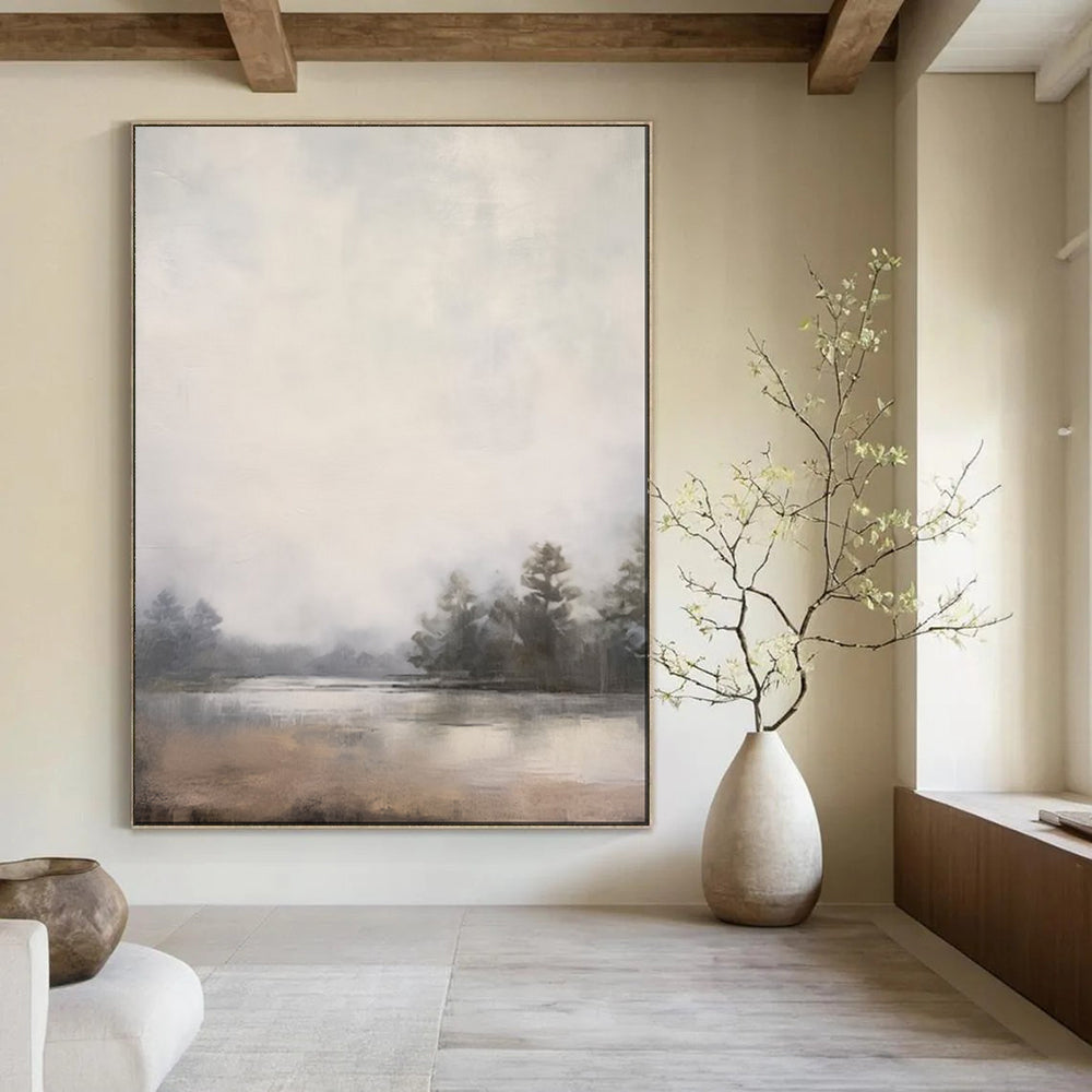 “Expansive Lake Mist” – Impressionistic Landscape Oil Painting with Hazy Gray Tones CT2057