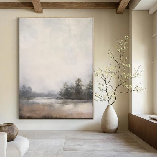 “Expansive Lake Mist” – Impressionistic Landscape Oil Painting with Hazy Gray Tones CT2057