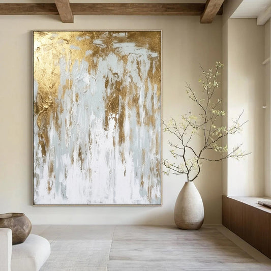 “White - Gold Abstract Drip” - Abstract Expressionist Painting On Canvas DTP074