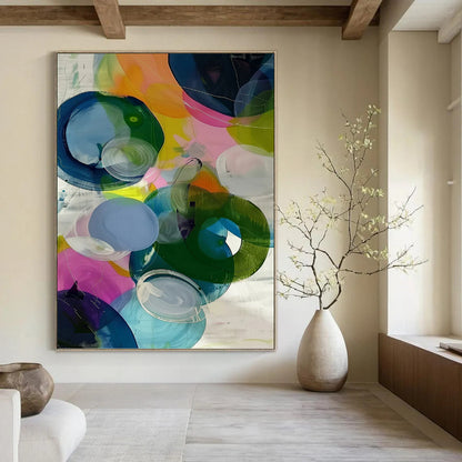 “Translucent Colorful Circles” - Multicolor Abstract Stained - Glass - Like Painting On Canvas DKH0999