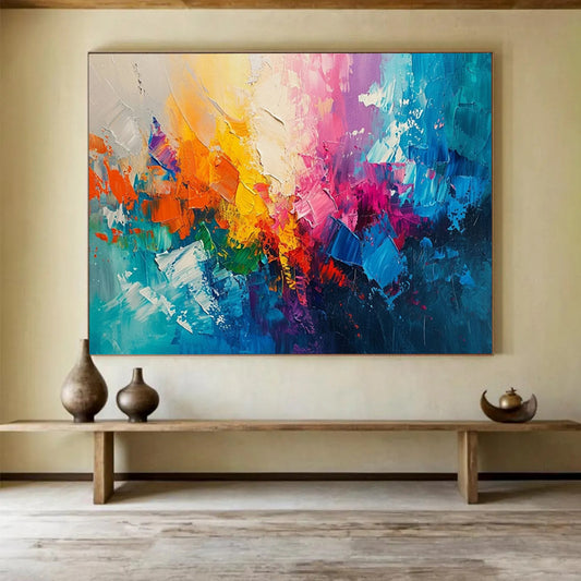 “Vibrant, Textured Abstract ‘Rainbow Energy Burst’” - Impasto Abstract Painting On Canvas DLZ049